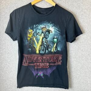 Adventure Time Stranger Things Graphic T-Shirt Black Cartoon Unisex Rare